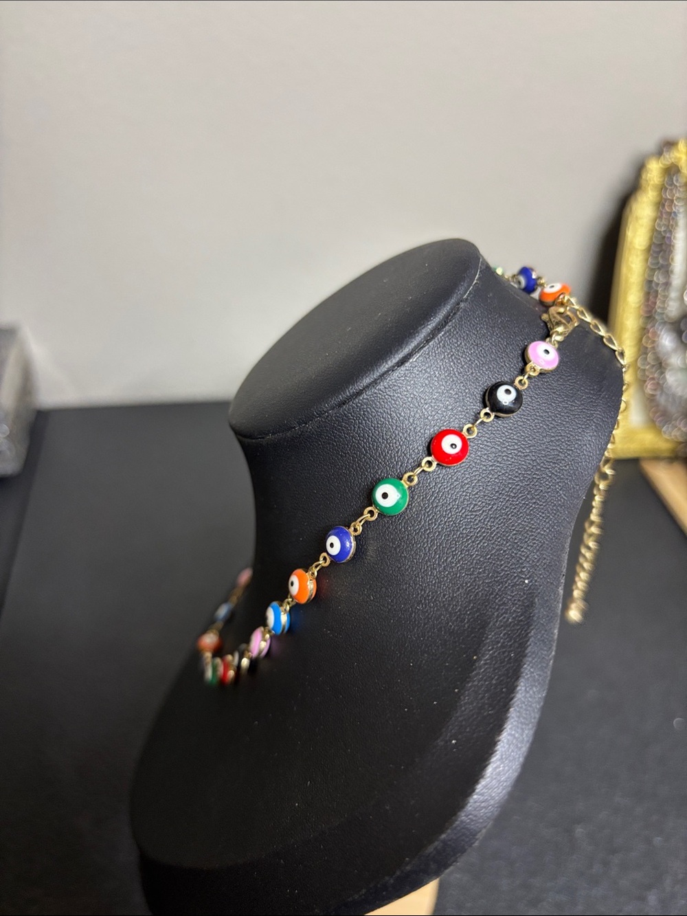 Dainty Multicolor Bead Evil Eye Necklace - Gold Tone Chain - Picture 2 of 6